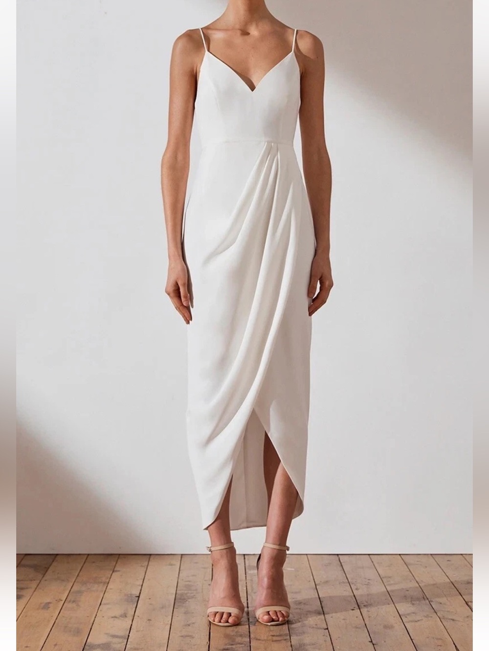 Shona Joy White Dress Wrap Draping Wedding Bridal Party Cocktail Fancy Formal 4